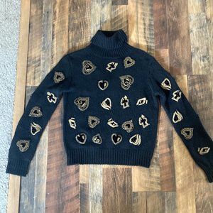 Zara Black Turtleneck Sweater with Gold Heart Accents